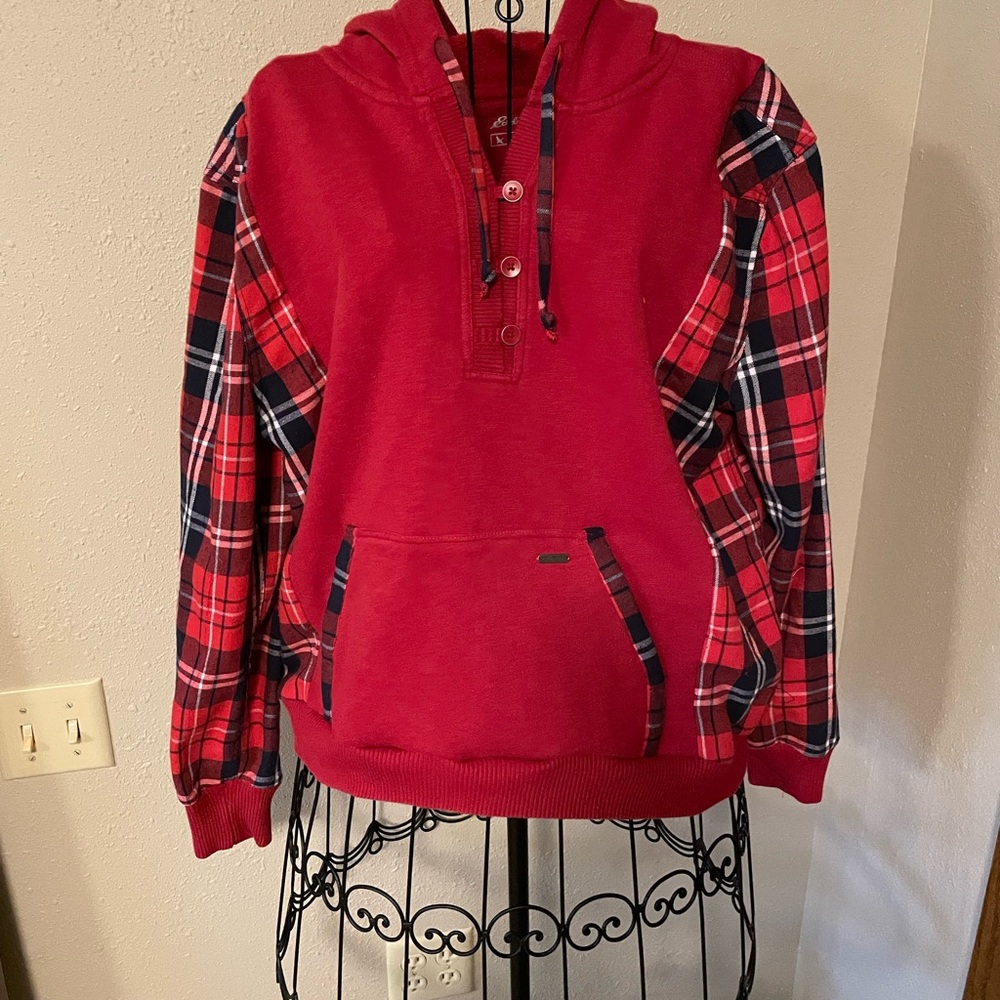 Red Sweatshirt with Flannel Sleeves
Hand made Upcycle